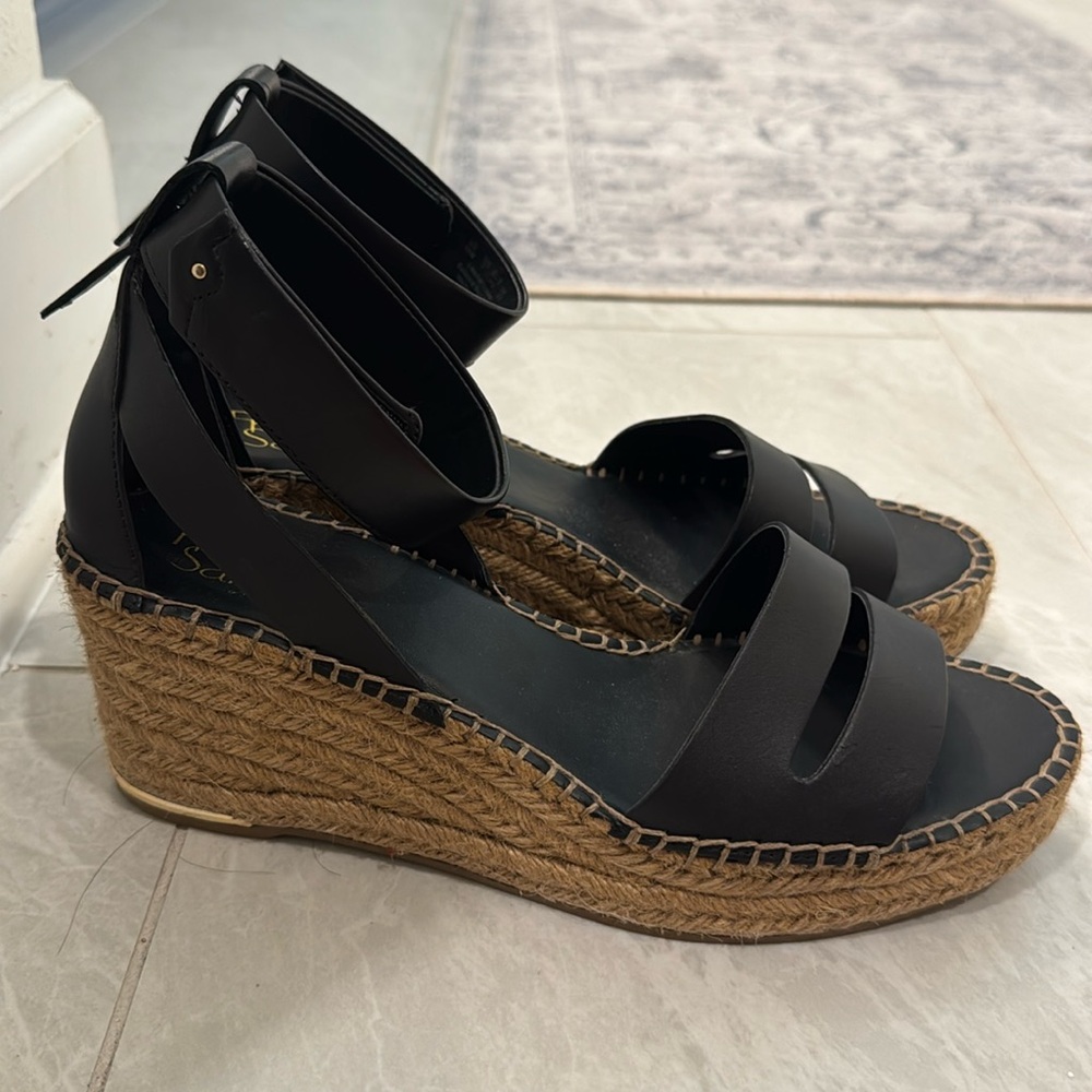 Franco Sarto Black and Tan Wedge Sandals - Picture 2 of 9